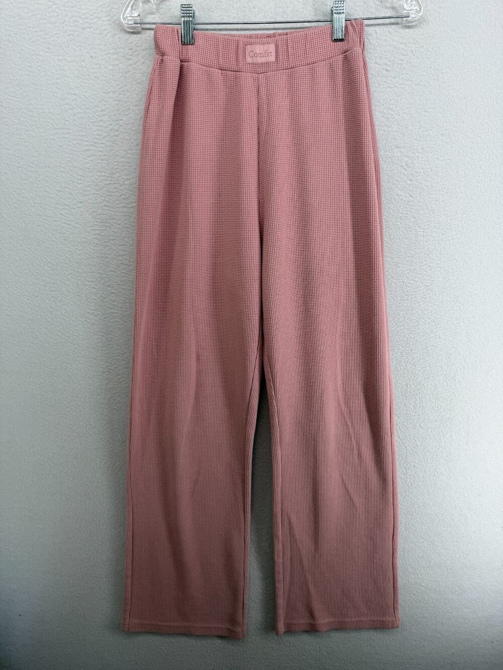 COMFRT Pants Womens S Cozy Waffle Thermal Lounge Elastic Waist Cotton Blend Pink
